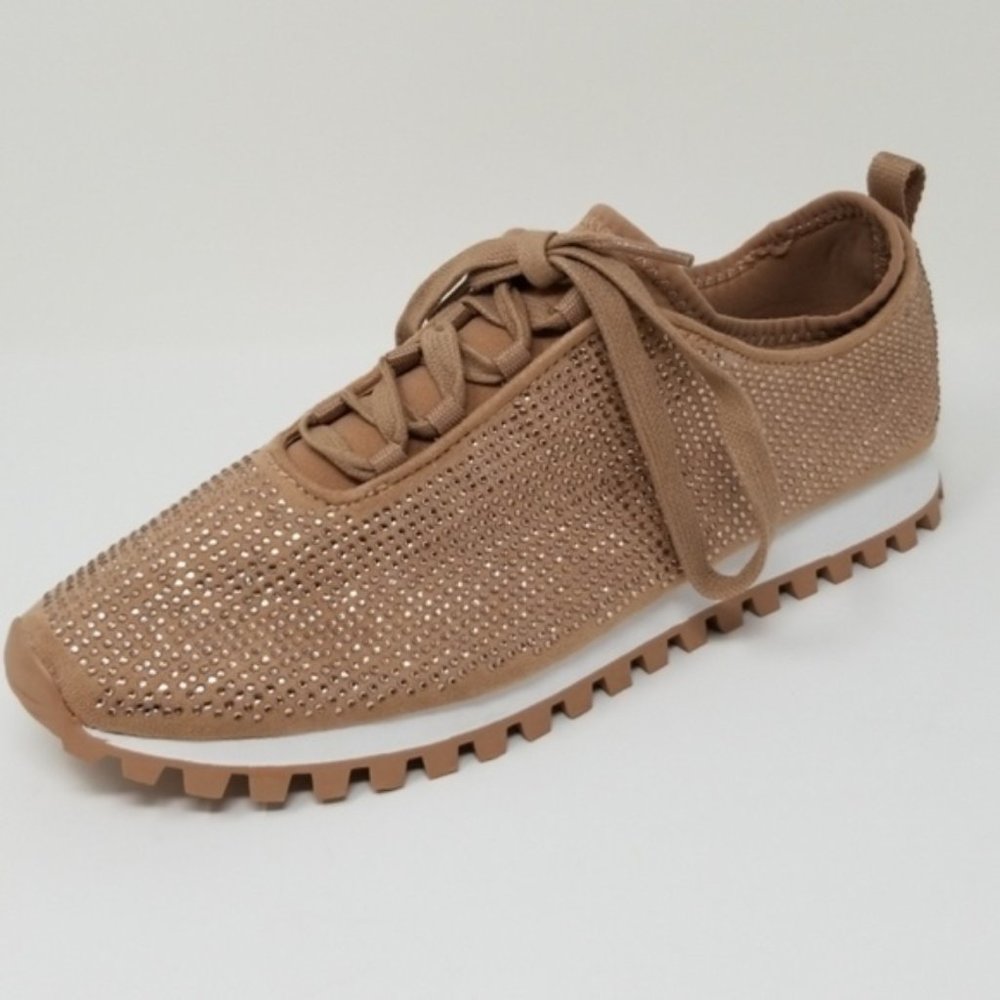 BCBGeneration Lynn Pin Stud Bling Sock Style Low Top Sneakers Tan Rose G…